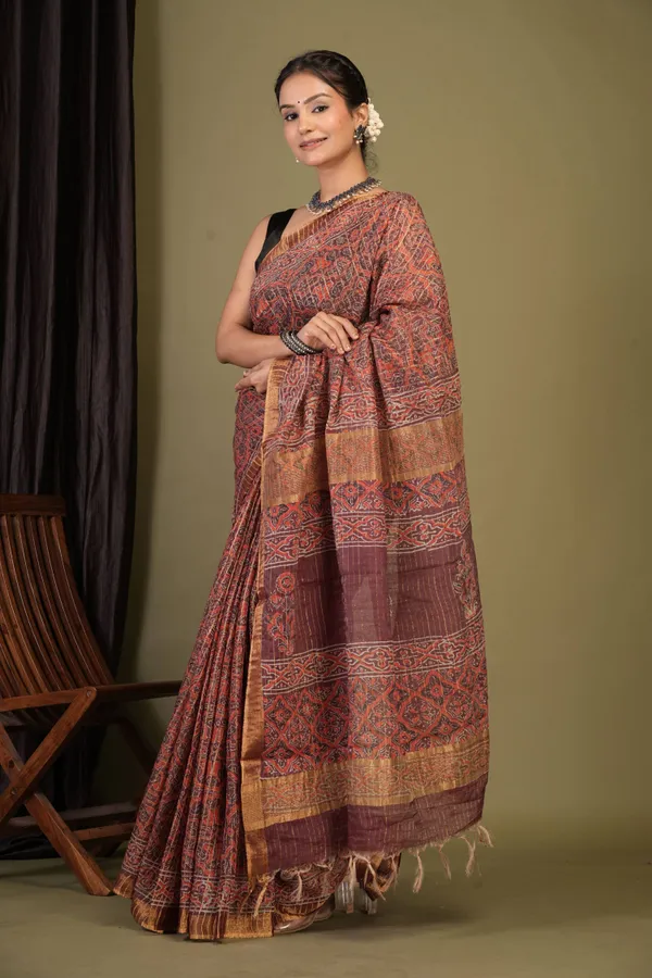 Maroon_Cotton_Silk_(Art_Silk)_Ajrakh_Bhagalpuri_Saree_With_Unstitched_Blouse