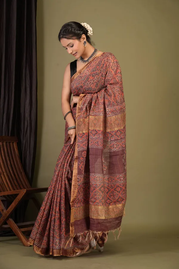 Maroon_Cotton_Silk_(Art_Silk)_Ajrakh_Bhagalpuri_Saree_With_Unstitched_Blouse