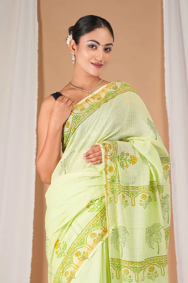 Parrot_Green_Kota_Doria_Pigment_(Hand_Block)_With_Golden_Border_Ethnic_Bhagalpuri_Saree_With_Blouse