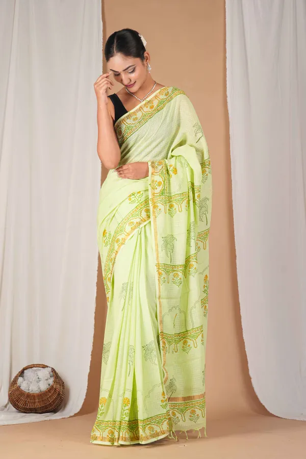 Parrot_Green_Kota_Doria_Pigment_(Hand_Block)_With_Golden_Border_Ethnic_Bhagalpuri_Saree_With_Blouse