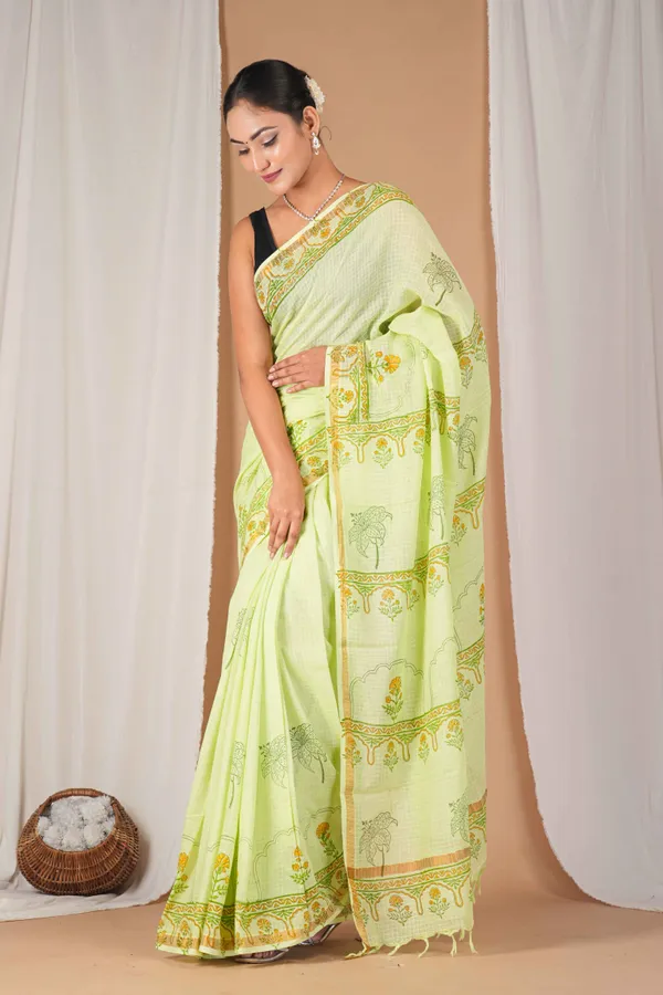 Parrot_Green_Kota_Doria_Pigment_(Hand_Block)_With_Golden_Border_Ethnic_Bhagalpuri_Saree_With_Blouse