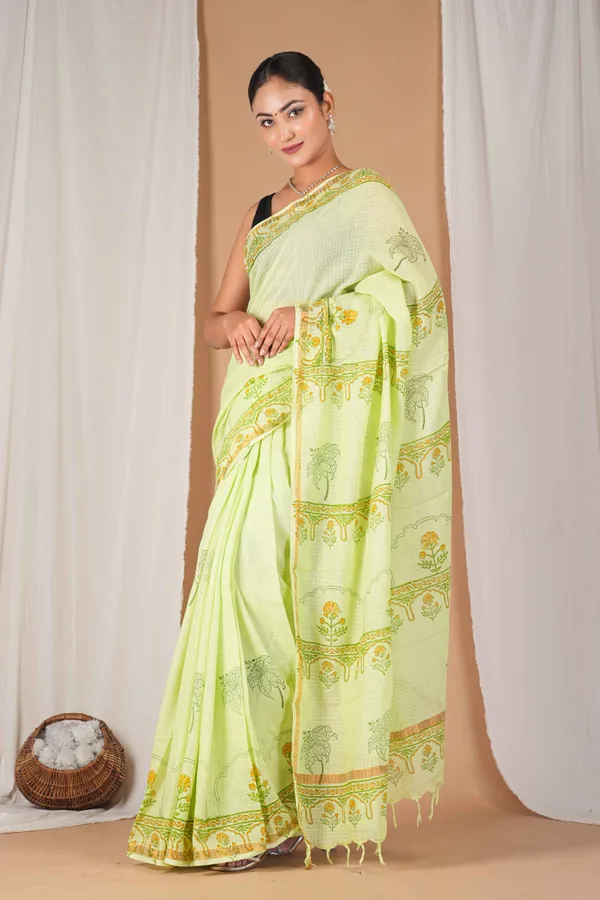 Parrot_Green_Kota_Doria_Pigment_(Hand_Block)_With_Golden_Border_Ethnic_Bhagalpuri_Saree_With_Blouse