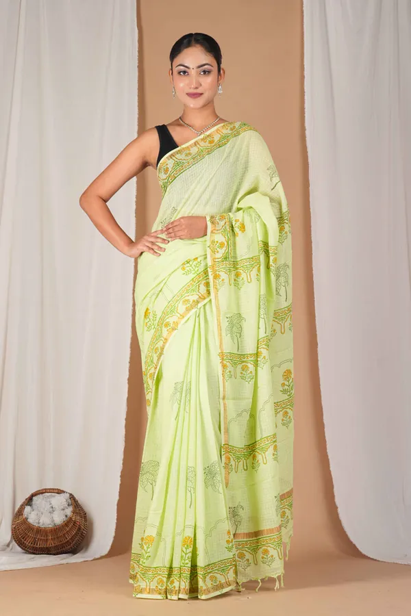 Parrot_Green_Kota_Doria_Pigment_(Hand_Block)_With_Golden_Border_Ethnic_Bhagalpuri_Saree_With_Blouse