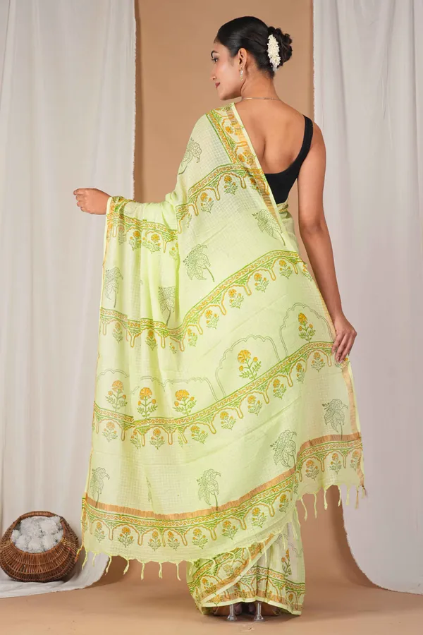 Parrot_Green_Kota_Doria_Pigment_(Hand_Block)_With_Golden_Border_Ethnic_Bhagalpuri_Saree_With_Blouse