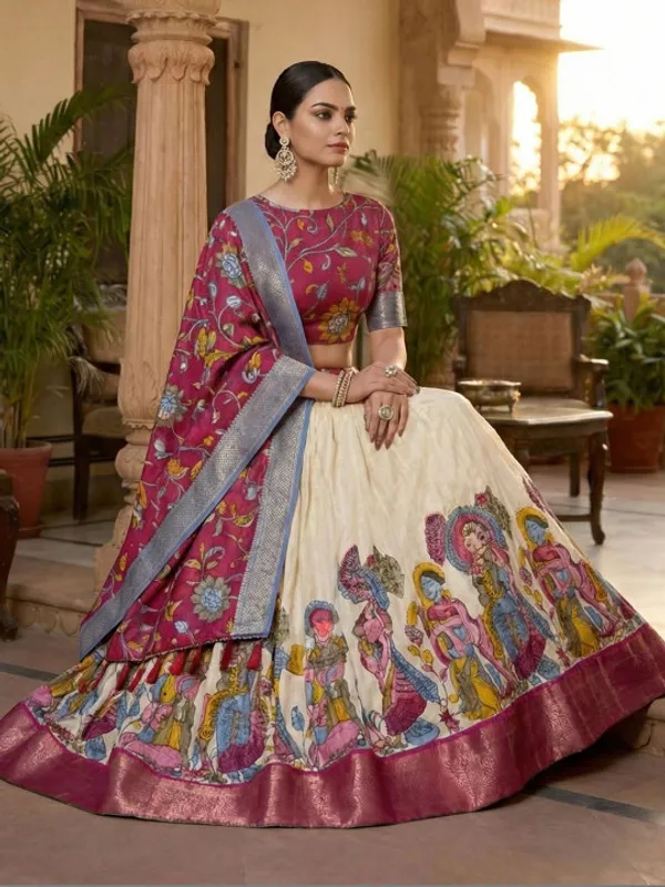 White_Color_Dola_Silk_Designer_Kalamkari_Print_Lehenga_Choli