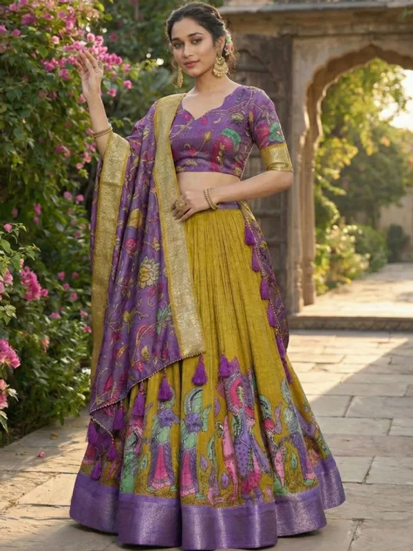 Yellow_Color_Dola_Silk_Designer_Kalamkari_Print_Lehenga_Choli