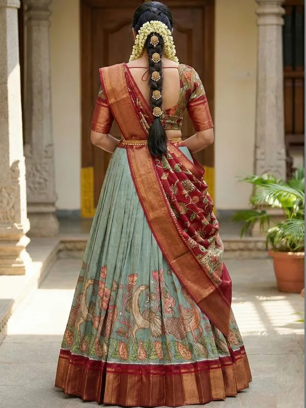 Green_Color_Dola_Silk_Designer_Kalamkari_Print_Lehenga_Choli