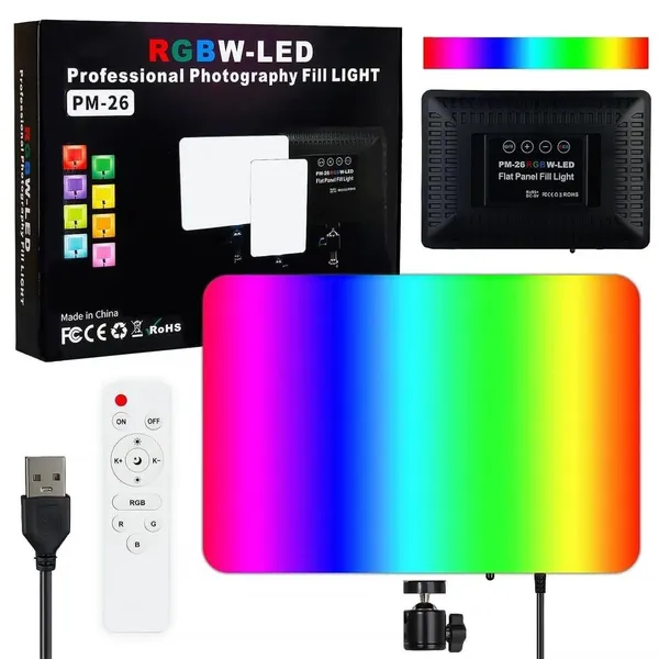 Rgb_Led_Photography_Fill_Light_Pm_26_10_Inch_Flat_Panel_Full_Rgb_Colors_Bi_Color_3000K_6500K_10_Level_Dimming_Remote_Included_Usb_Powered_For_Content_Creators_Vlogging_Studio