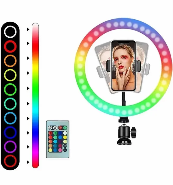 Rgb_Led_Ring_Light_Colors_Modes_&_Dimmable_Brightness_Remote_Control_For_Youtube_Makeup_Vlogging_Video_Shoot_Live_Streaming_Compatible_With_Iphone_&_Android