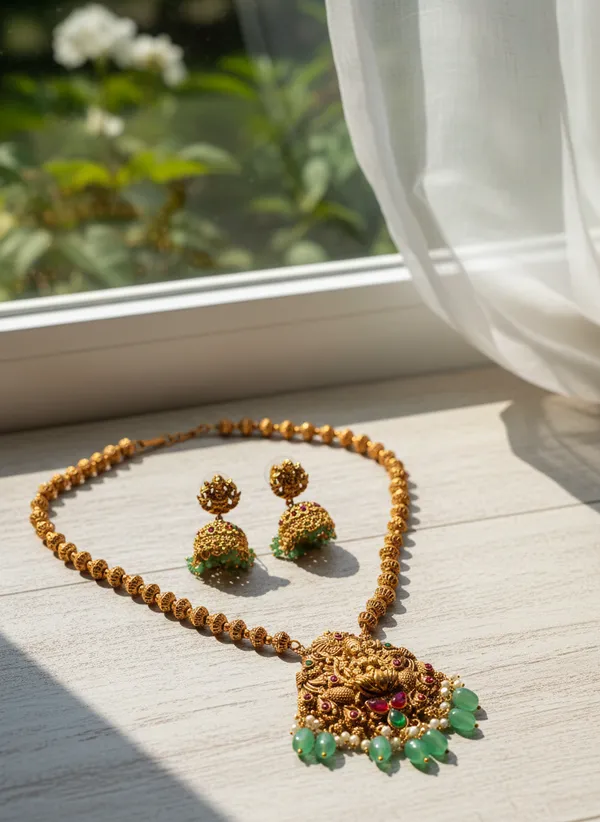 ALPIFY_–_Antique_Lakshmi_Green_Drop_Necklace