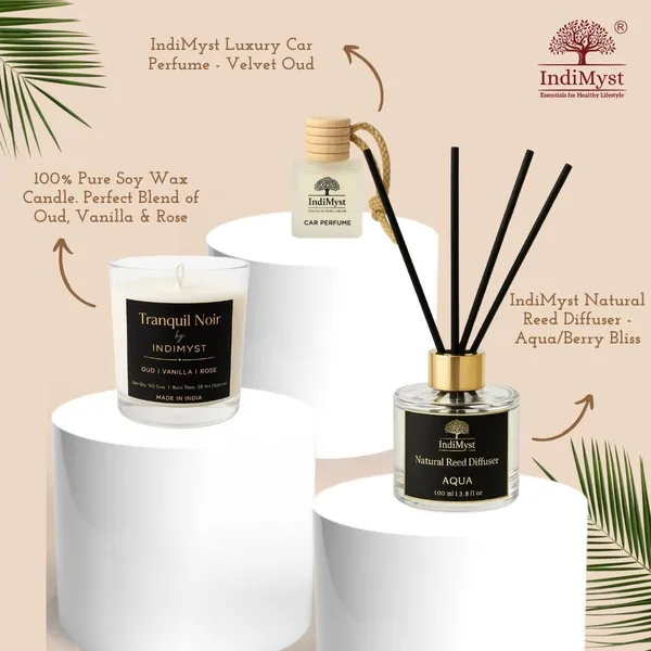 IndiMyst_Gift_Pack_-_Natural_Reed_Diffuser_Scented_Candle(Tranquil_Noir)_Luxury_Car_Perfume_Diffuser_Set_Signature_Set_Of_Natural_Reed_Diffuser_Scented_Candle_&_Luxury_Car_Perfume_(3_X_0.33_Units)