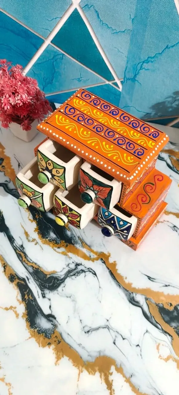 Multicolor_Handcrafted_Colorful_Ceramic_Drawer_Chest_5_Mini_Drawers_With_Wooden_Frame_For_Jewelry,_Spices,_Or_Trinkets_For_Home_Decor(Lxbxh=_9X4.5X7_In)