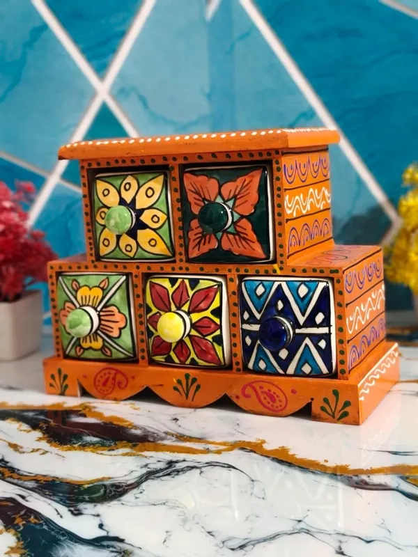 Multicolor_Handcrafted_Colorful_Ceramic_Drawer_Chest_5_Mini_Drawers_With_Wooden_Frame_For_Jewelry,_Spices,_Or_Trinkets_For_Home_Decor(Lxbxh=_9X4.5X7_In)
