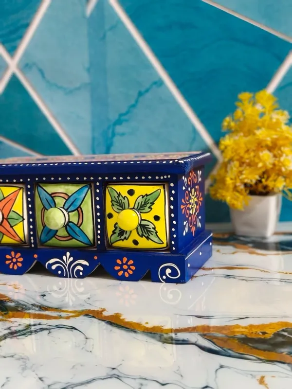 Multicolor_Rajasthani_Hand-Painted_Blue_Wooden_Chest_With_3_Ceramic_Drawers_Ethnic_Mini_Storage_Organizer_For_Jewelry_&_Trinkets_For_Home_Decor(Lxbxh=_10X4X3.5_In)