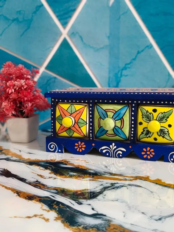 Multicolor_Rajasthani_Hand-Painted_Blue_Wooden_Chest_With_3_Ceramic_Drawers_Ethnic_Mini_Storage_Organizer_For_Jewelry_&_Trinkets_For_Home_Decor(Lxbxh=_10X4X3.5_In)