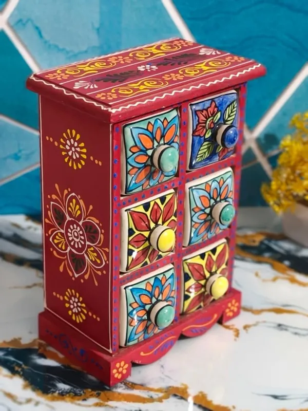 Multicolor_Rajasthani_Art_Hand-Painted_Red_Wooden_Chest_With_6_Drawers_Ethnic_Mini_Storage_Organizer_For_Jewelry_&_Trinkets_For_Home_Decor(Lxbxh=_7X5X10_In)