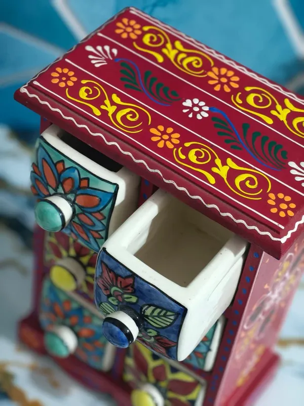 Multicolor_Rajasthani_Art_Hand-Painted_Red_Wooden_Chest_With_6_Drawers_Ethnic_Mini_Storage_Organizer_For_Jewelry_&_Trinkets_For_Home_Decor(Lxbxh=_7X5X10_In)