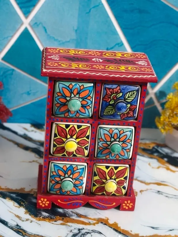 Multicolor_Rajasthani_Art_Hand-Painted_Red_Wooden_Chest_With_6_Drawers_Ethnic_Mini_Storage_Organizer_For_Jewelry_&_Trinkets_For_Home_Decor(Lxbxh=_7X5X10_In)