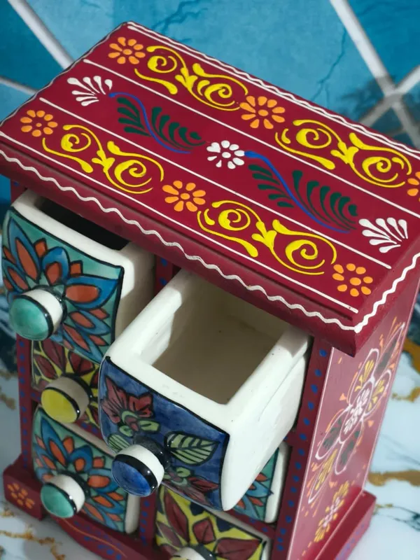 Multicolor_Rajasthani_Art_Hand-Painted_Red_Wooden_Chest_With_6_Drawers_Ethnic_Mini_Storage_Organizer_For_Jewelry_&_Trinkets_For_Home_Decor(Lxbxh=_7X5X10_In)