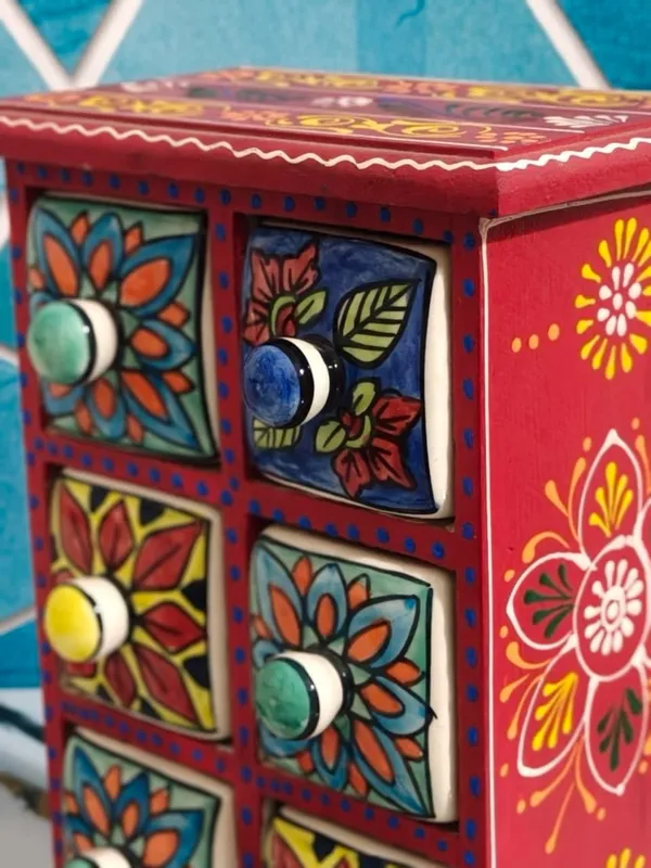 Multicolor_Rajasthani_Art_Hand-Painted_Red_Wooden_Chest_With_6_Drawers_Ethnic_Mini_Storage_Organizer_For_Jewelry_&_Trinkets_For_Home_Decor(Lxbxh=_7X5X10_In)