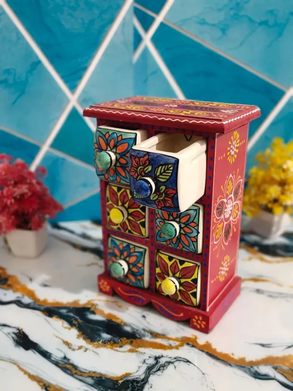Multicolor_Rajasthani_Art_Hand-Painted_Red_Wooden_Chest_With_6_Drawers_Ethnic_Mini_Storage_Organizer_For_Jewelry_&_Trinkets_For_Home_Decor(Lxbxh=_7X5X10_In)