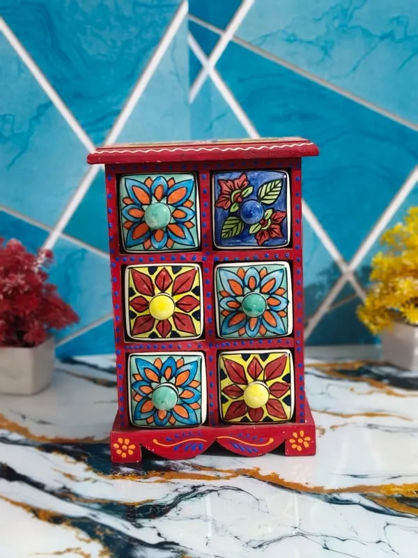 Multicolor_Rajasthani_Art_Hand-Painted_Red_Wooden_Chest_With_6_Drawers_Ethnic_Mini_Storage_Organizer_For_Jewelry_&_Trinkets_For_Home_Decor(Lxbxh=_7X5X10_In)