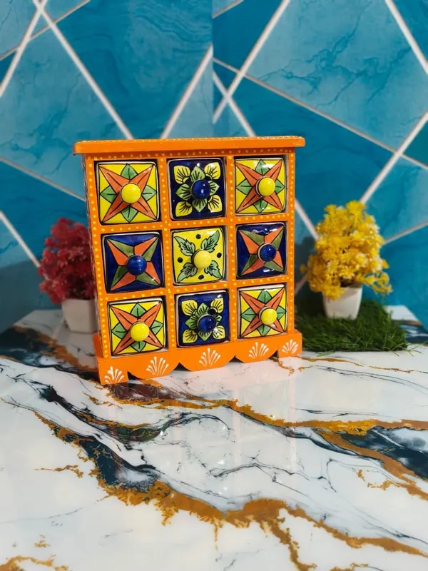 Multicolor_Rajasthani_Art_Orange_Hand-Painted_Wooden_Chest_With_9_Drawers_Ethnic_Mini_Storage_Organizer_For_Jewelry_&_Trinkets_For_Home_Decor_(Lxbxh=_10X5X10_In)