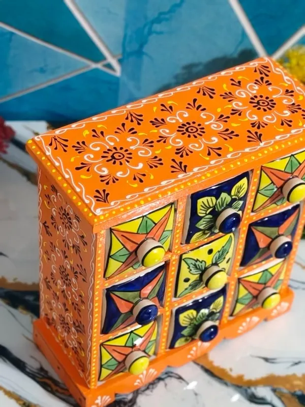 Multicolor_Rajasthani_Art_Orange_Hand-Painted_Wooden_Chest_With_9_Drawers_Ethnic_Mini_Storage_Organizer_For_Jewelry_&_Trinkets_For_Home_Decor_(Lxbxh=_10X5X10_In)