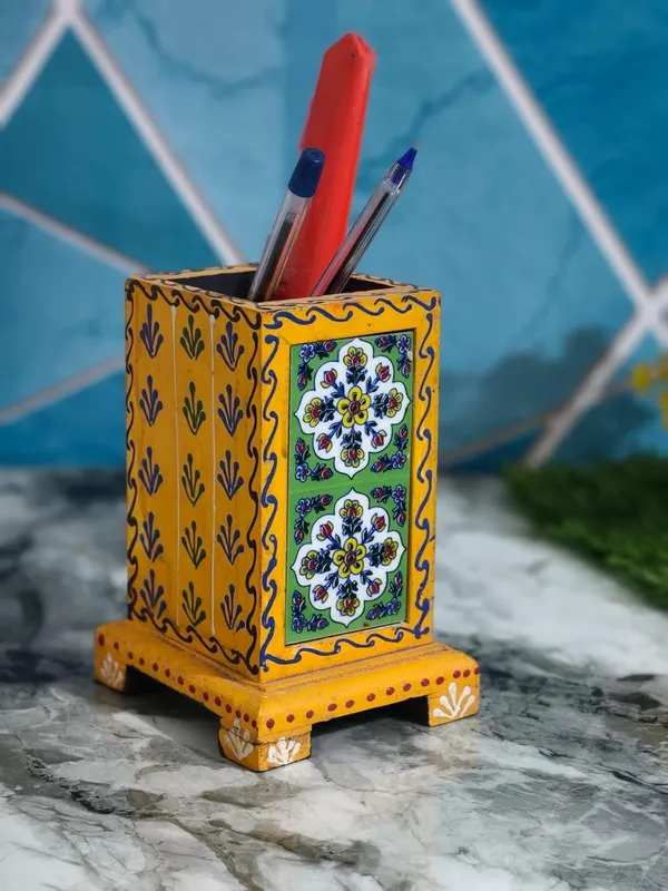 Yellow_With_Blue_And_Green_Hand_Painted_Wooden_Pen_Stand_For_Desk_Decorative_Stationery_Holder_For_Home_Office_Table_Decor_(H6_X_B4_X_L3.5_In)