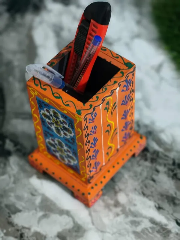 Yellow_With_Blue_And_Green_Hand_Painted_Wooden_Pen_Stand_For_Desk_Decorative_Stationery_Holder_For_Home_Office_Table_Decor_(H6_X_B4_X_L3.5_In)