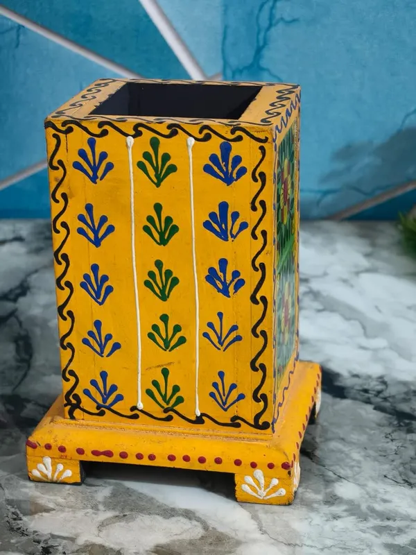 Yellow_With_Blue_And_Green_Hand_Painted_Wooden_Pen_Stand_For_Desk_Decorative_Stationery_Holder_For_Home_Office_Table_Decor_(H6_X_B4_X_L3.5_In)