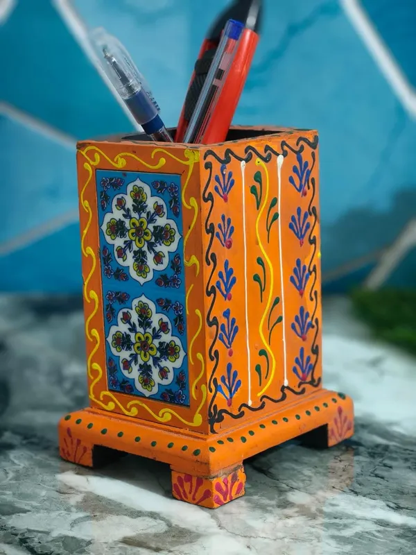 Yellow_With_Blue_And_Green_Hand_Painted_Wooden_Pen_Stand_For_Desk_Decorative_Stationery_Holder_For_Home_Office_Table_Decor_(H6_X_B4_X_L3.5_In)