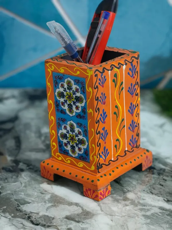 Yellow_With_Blue_And_Green_Hand_Painted_Wooden_Pen_Stand_For_Desk_Decorative_Stationery_Holder_For_Home_Office_Table_Decor_(H6_X_B4_X_L3.5_In)