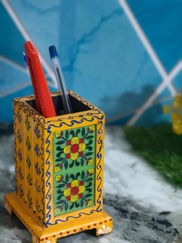 Yellow_With_Blue_And_Green_Hand_Painted_Wooden_Pen_Stand_For_Desk_Decorative_Stationery_Holder_For_Home_Office_Table_Decor_(H6_X_B4_X_L3.5_In)