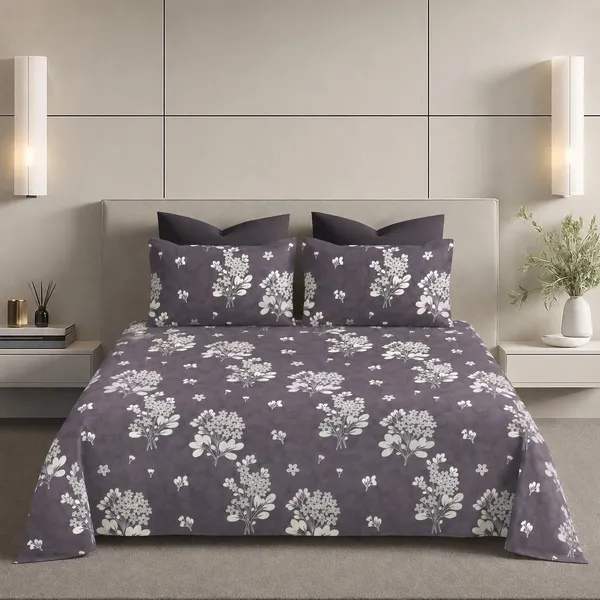 144TC_Midnight_Plum_Botanical_Pure_Cotton_Queen_Size_Bedsheet_Set