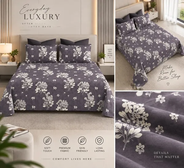 144TC_Midnight_Plum_Botanical_Pure_Cotton_Queen_Size_Bedsheet_Set