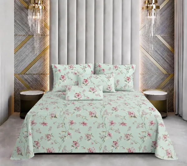 144_TC_Serene_Mint_Blossom_Pure_Cotton_Queen_Size_Bedsheet_Set