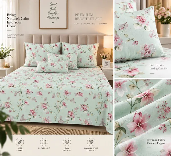 144_TC_Serene_Mint_Blossom_Pure_Cotton_Queen_Size_Bedsheet_Set