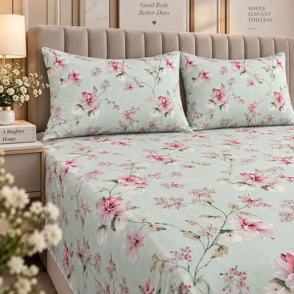 144_TC_Serene_Mint_Blossom_Pure_Cotton_Queen_Size_Bedsheet_Set