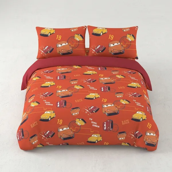 180_TC_Orange_Cotton_Kids_Cartoon_Cars_Printed_Queen_Bedsheet_with_Pillows
