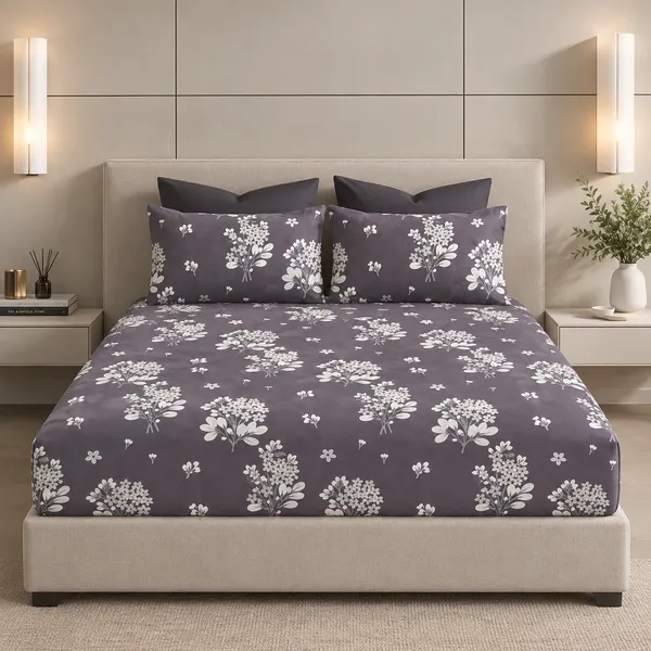 144TC_Midnight_Plum_Botanical_Pure_Cotton_Queen_Size_Bedsheet_Set