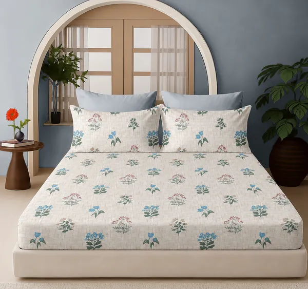 180_TC_Beige_Cotton_Floral_Print_King_Size_Bedsheet_With_Pillow_Covers