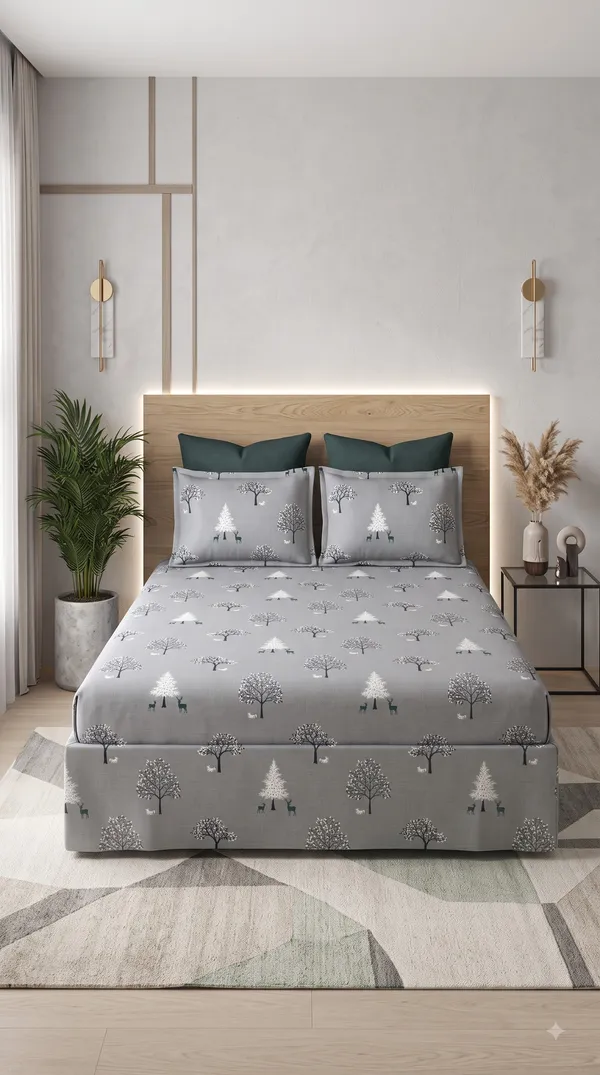 180_TC_Grey_Cotton_Whimsical_Tree_Pattern_King_Size_Bedsheet_with_Pillows