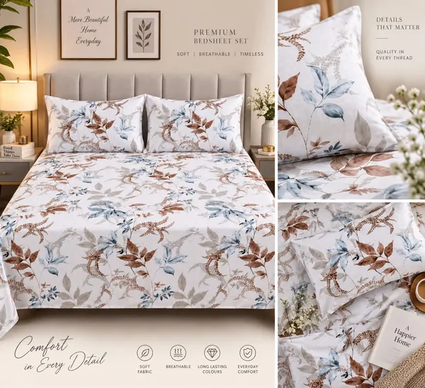 144TC_Tranquil_Foliage_Pure_Cotton_Queen_size_Bedsheet_with_Pillows
