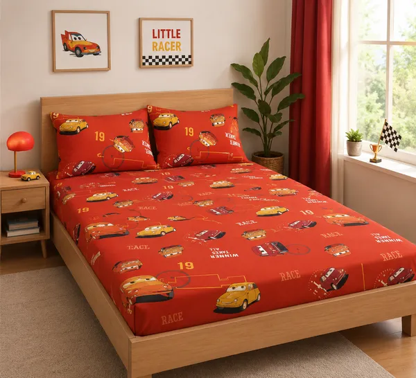 180_TC_Orange_Cotton_Kids_Cartoon_Cars_Printed_Queen_Bedsheet_with_Pillows