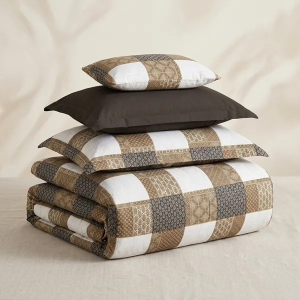 144_TC_Brown_And_White_Cotton_Classic_Checkered_King_Size_Bedsheet_with_Pillows
