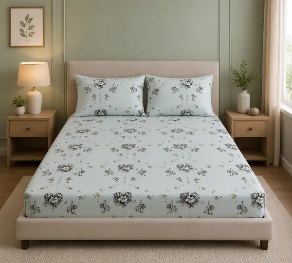 144_TC_Blue_And_Grey_Cotton_Floral_Printed_King_Size_Bedsheet_with_Pillows
