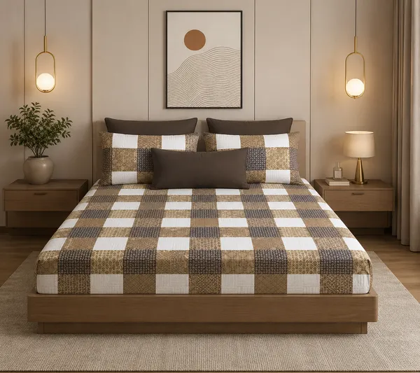 144_TC_Brown_And_White_Cotton_Classic_Checkered_King_Size_Bedsheet_with_Pillows