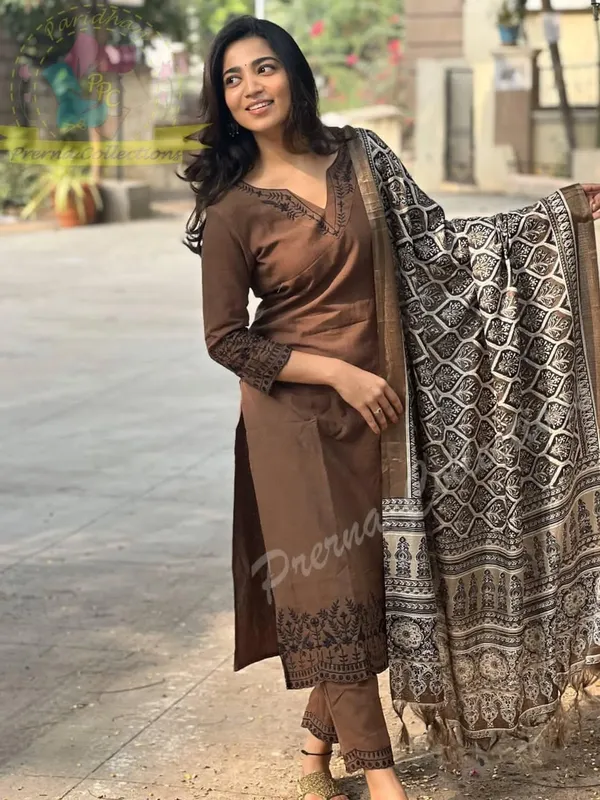 Coffee_Brown_Printed_Cotton_Suit_Set_For_Women