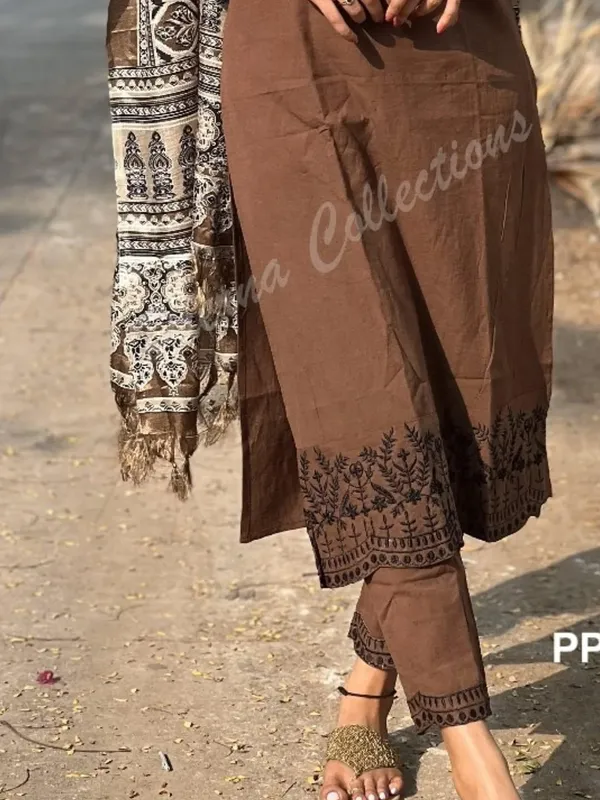 Coffee_Brown_Printed_Cotton_Suit_Set_For_Women